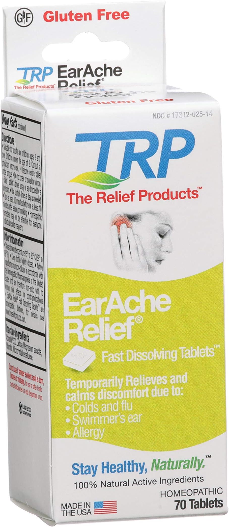 The Relief Products Earache Relief - 100% Natural Active Ingredients - Soothes Discomfort, Itching, Aching, and Sensitivity - Fast Dissolve Tablets - 70ct