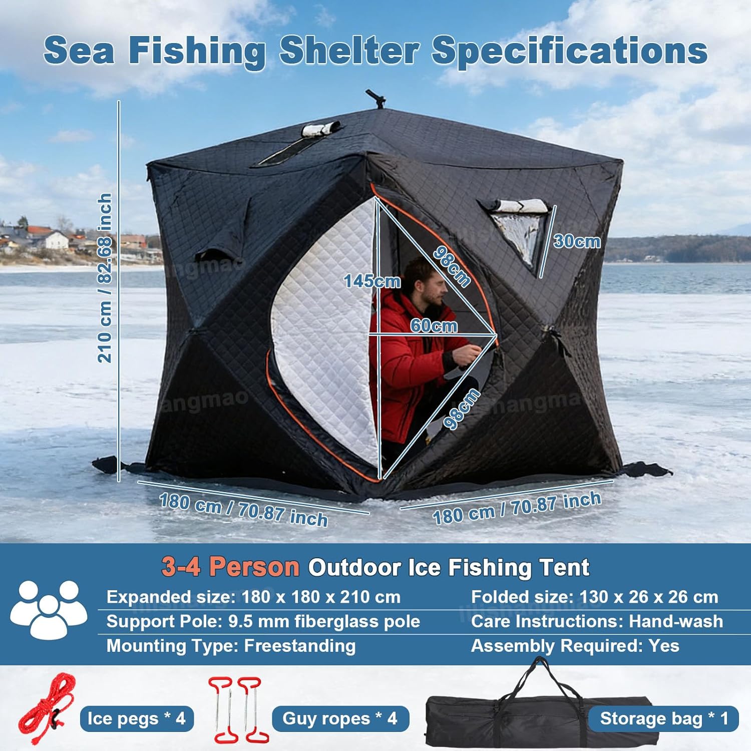 3-4 Person Pop-Up Ice Fishing Shelter with Stove Jack | Portable Windproof Insulated Tent, 2 Doors/Windows, for Winter Fishing & Sauna Use, with Anchors, Carry Bag