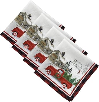 Elrene Home Fashions Vintage Christmas Tree Farm Fabric Napkins, Set of 4, 17 Inches x 17 Inches, Multicolor