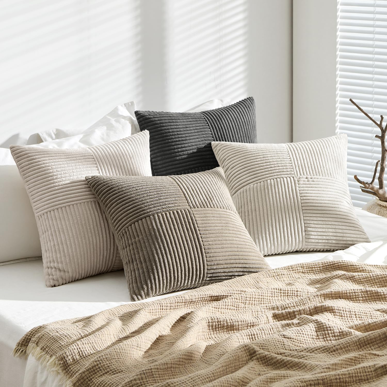 ANRODUO Pack of 4 Decorative Throw Pillows for Couch Neutral Gray 16x16 Inch Boho Cozy Soft Corduroy Cushion Covers Farmhouse Accent Pillowcases for Mid Century Spring Home Decor Sofa Bed Living Room