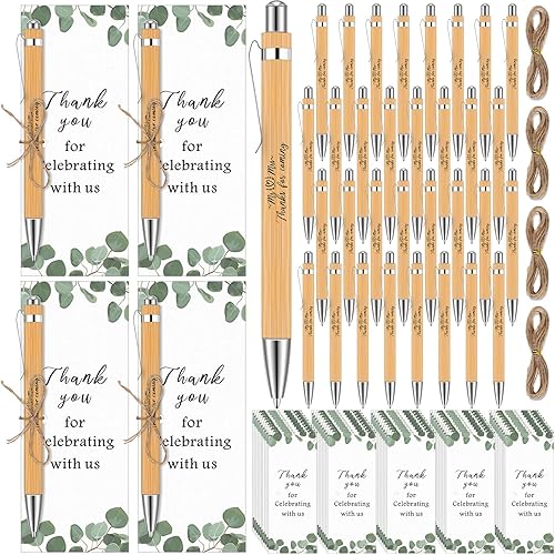 Miniatura 1 de Yeaqee 104 bolígrafos retráctiles de bambú para boda, incluye 50 bolígrafos retráctiles de bambú de madera de tinta negra, 50 tarjetas de marcador