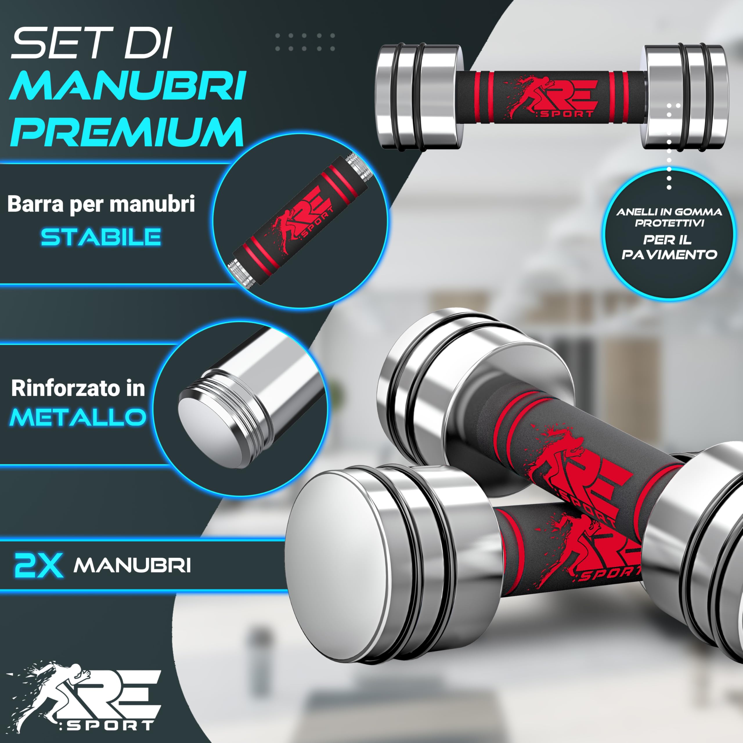 RE:SPORT Set di 2 manubri in acciaio massiccio, 2,5/5/7,5/10 kg, manubri corti con pesi e manico in gommapiuma, bilancieri per fitness, allenamento della forza e costruzione muscolare