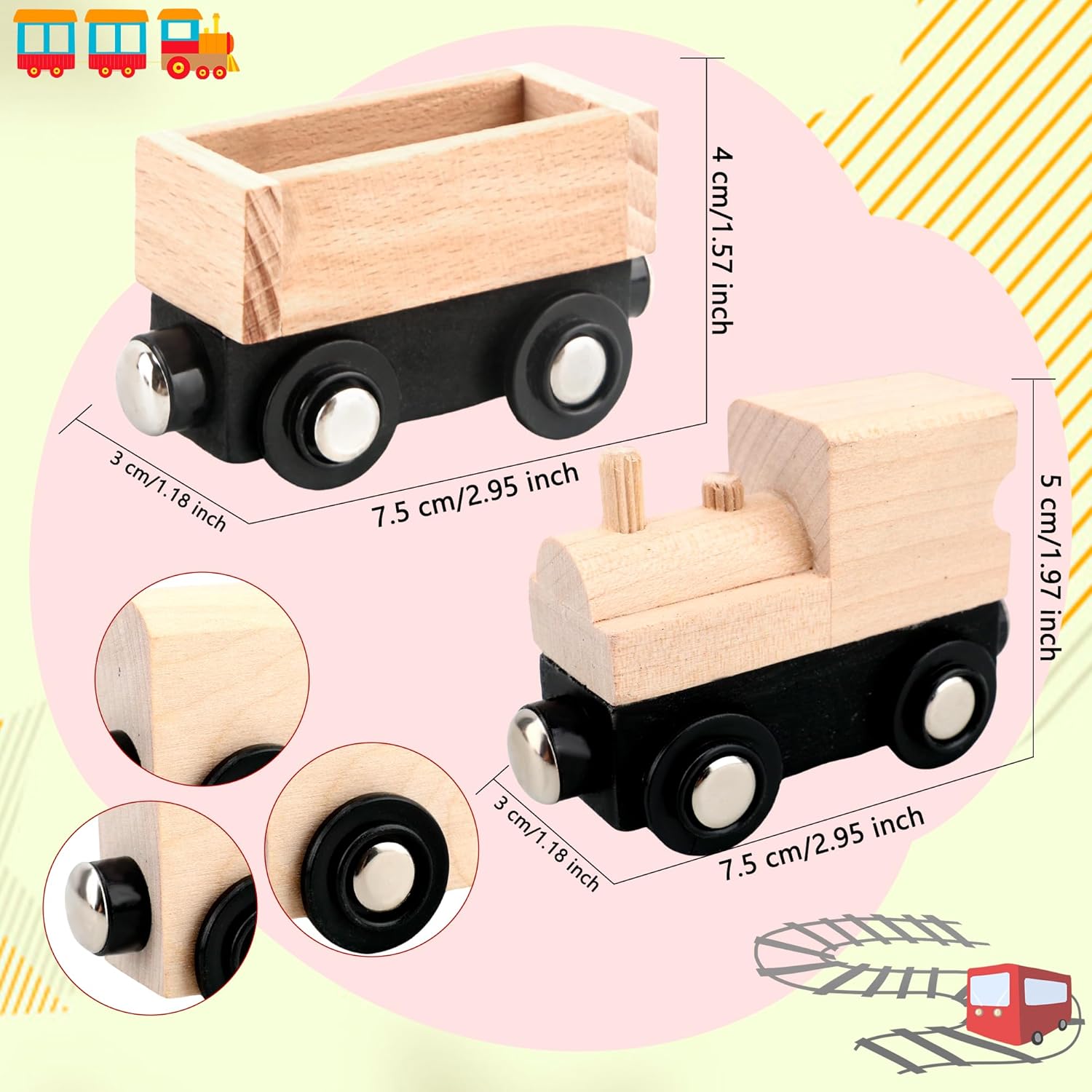 18 Pack Unfinished Wooden Cars Unpainted Magnetic Wood DIY Crafts Trains Car for DIY Craft Activities Birthday Gift (Color Set 3)