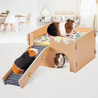 MEWTOGO Guinea Pig Castle, Wooden Guinea Pig Hideout with Cave Stairs & Mat, Small Animal House Bed Hut Habitats for Hamsters Bunny Chinchillas Playing Sleeping Hiding