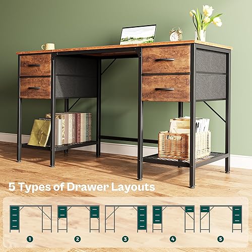 Miniatura 7 de Huuger Escritorio para computadora de 55 pulgadas con 4 cajones, escritorio de oficina con estante de malla, escritorio para juegos, gran