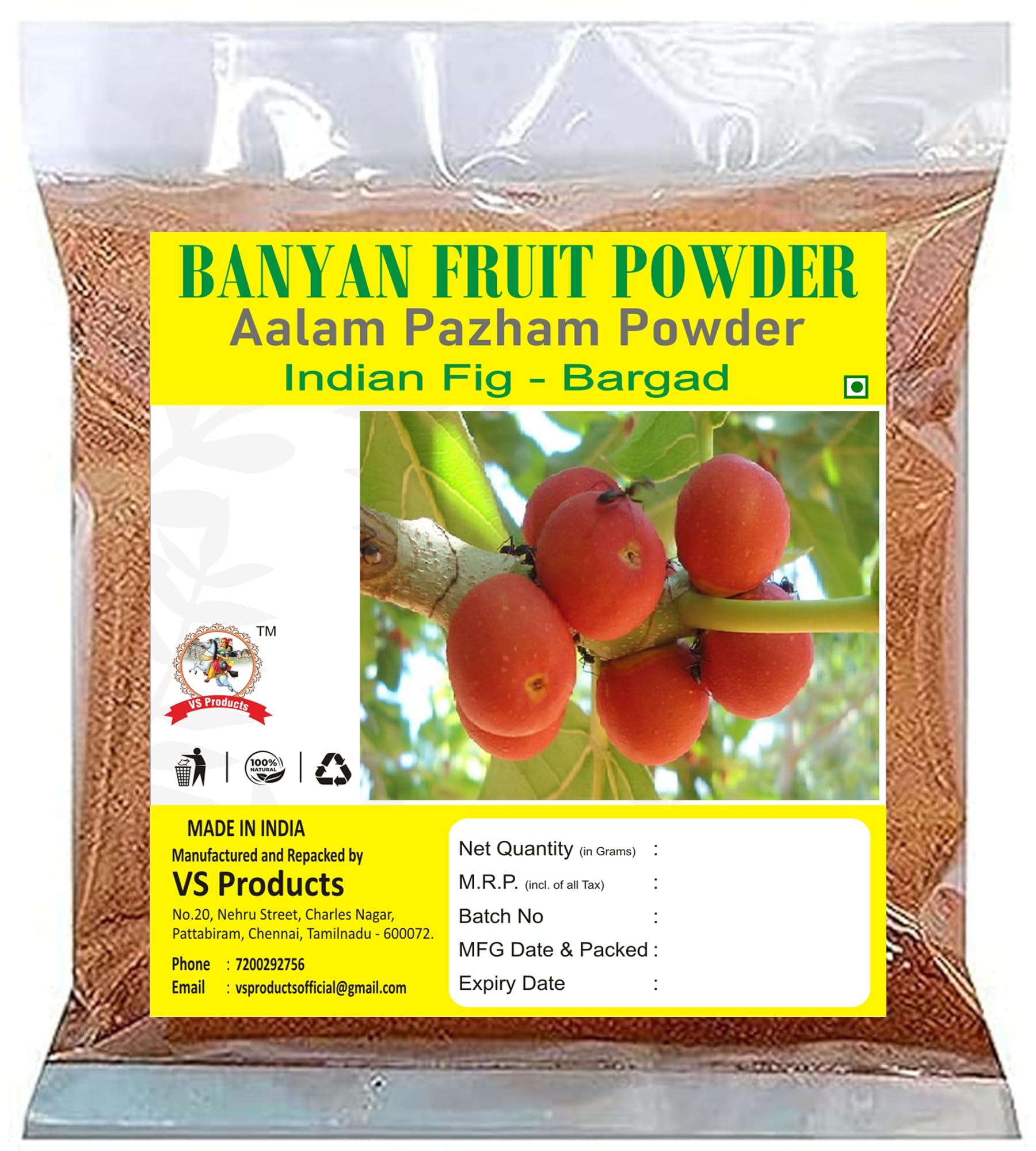 VS Products Aalam Pazham Powder, 150g, Banyan Fruit Powder, Indian Fig, Bargad, Ficus Bengalensis Fruit Powde, 150g
