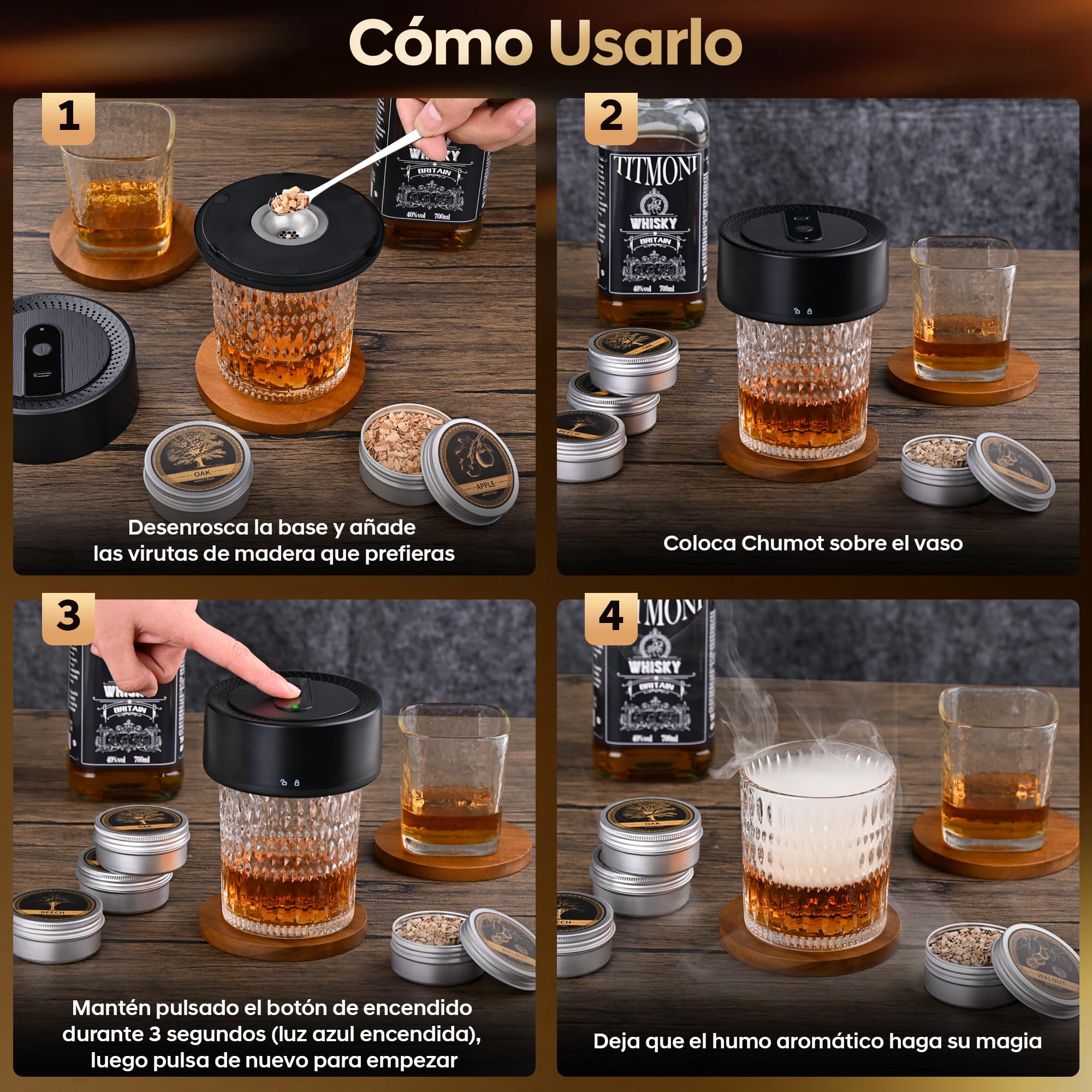 Kit Ahumador Eléctrico Para Cócteles, Ahumador Whisky Old Fashioned Con 8 Sabores de Virutas de Madera, Recargable USB-C Para Bebidas, Bourbon, Cócteles, Vino, Café Y Alimento, Regalo hombres