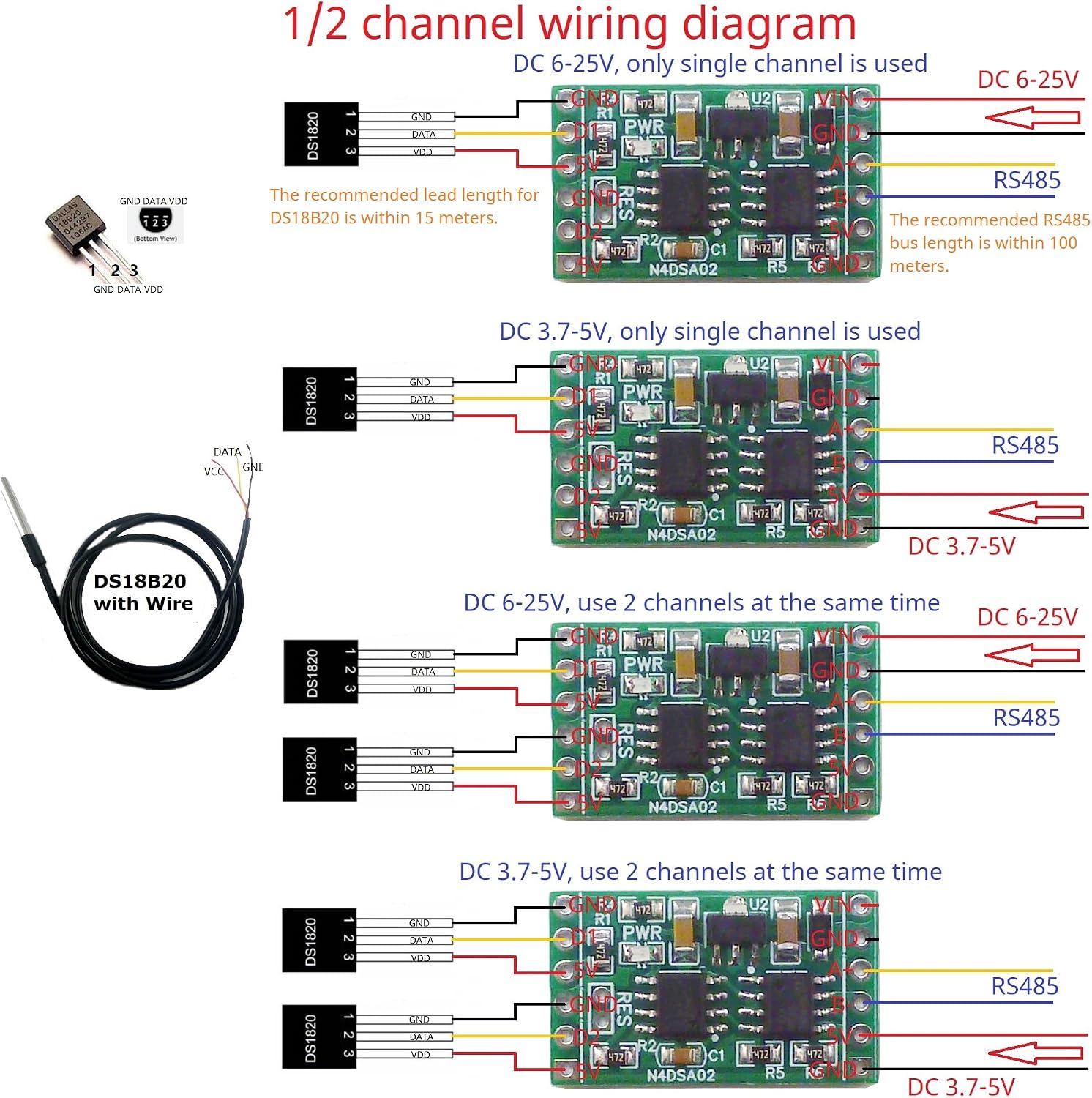 2CH -55 to +125C Modbus Temperature Sensor Module DS18B20 RS485 Adapter Board for PLC Paperless Recorder Thermostatic Controls (5 PCS (No Pin))