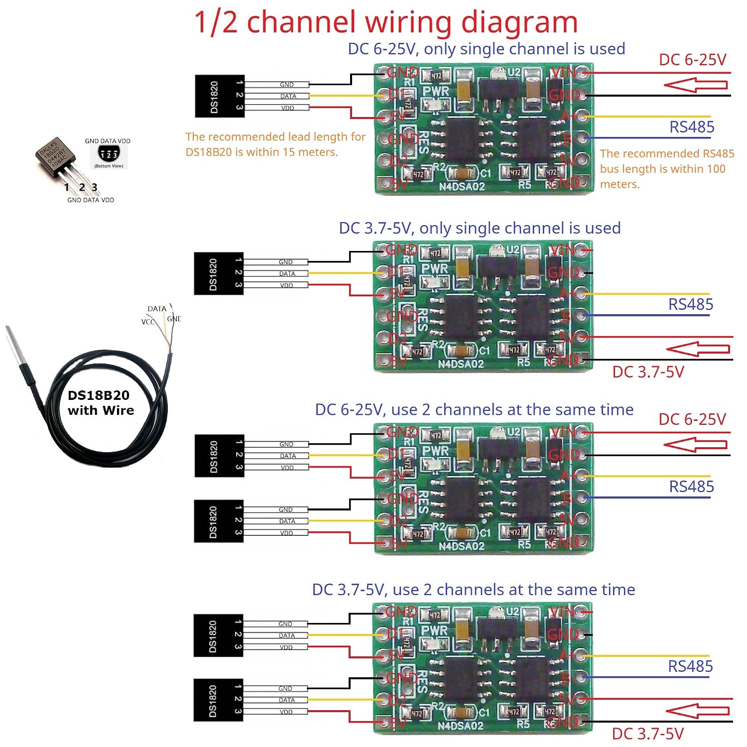 2CH RS485 Digital Temperature Collector DS18B20 Sensor DC 5V 12V 24V Modbus Analog Input IO for Thermostat Smart Home R46CA01 (DS18B20 Sensor) image 3