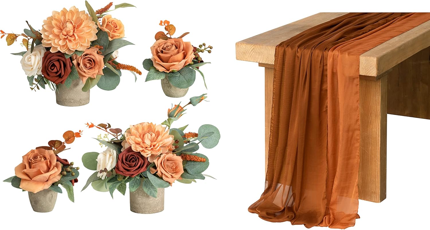 Ling's moment Wedding Table Centerpiece Vase Arrangement with Table Runner for Sweetheart/Head Table Decor(Set of 6)-4pcs Floral Centerpieces and 2pcs Silky Chiffon Table Runners