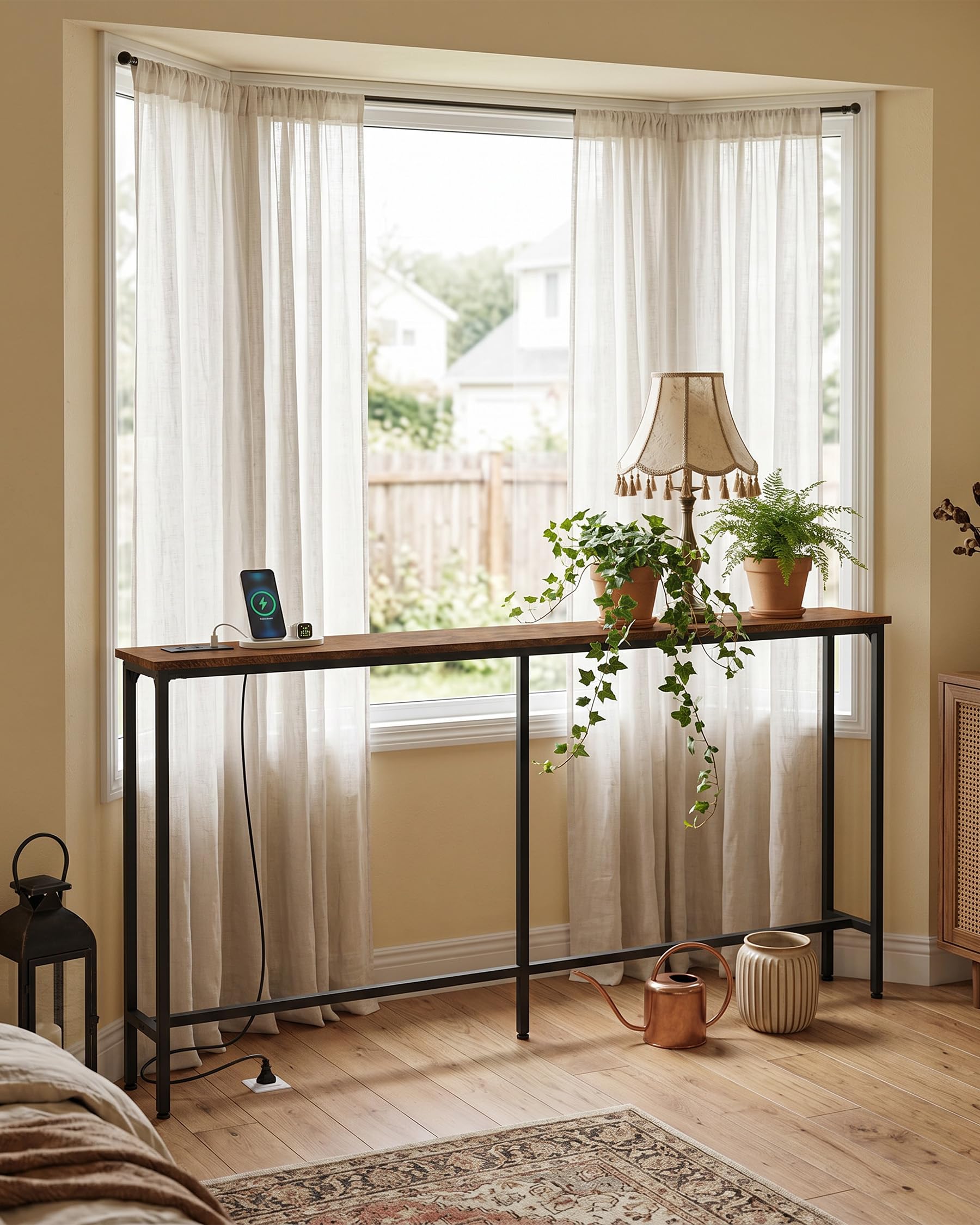 Consola Recibidor Madera 20 cm Fondo, Recibidores de Entrada, Mueble Recibidor Entrada, Mesa Alta de Estilo Industrial con 2 enchufes y 2 interfaces USB