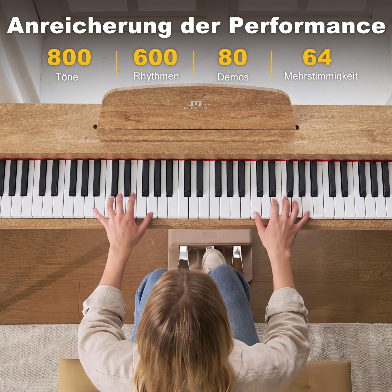 MUSTAR Piano digital de 88 teclas con sistema de 3 pedales para