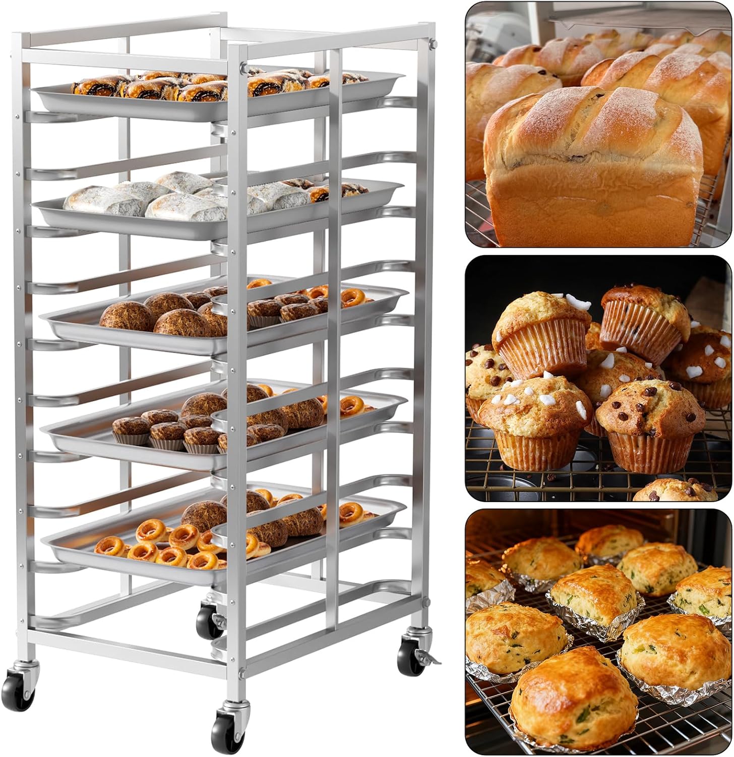 Heavy Duty 10-Tier Stainless Steel Commercial Bun Pan Rack – Easy Assembly Large Capacity Baking Sheet Storage Cart with Brake Wheels for Bakery, Restaurant, Pizza Shop, and Catering Kitch