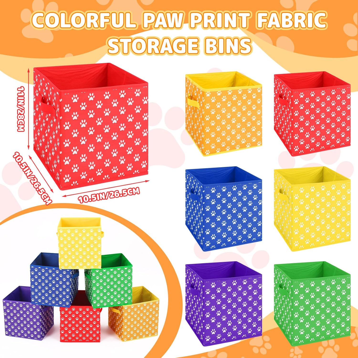 Kathfly 6 Pcs 11" Fabric Classroom Storage Bins Cubby Baskets, Paw Print image 3