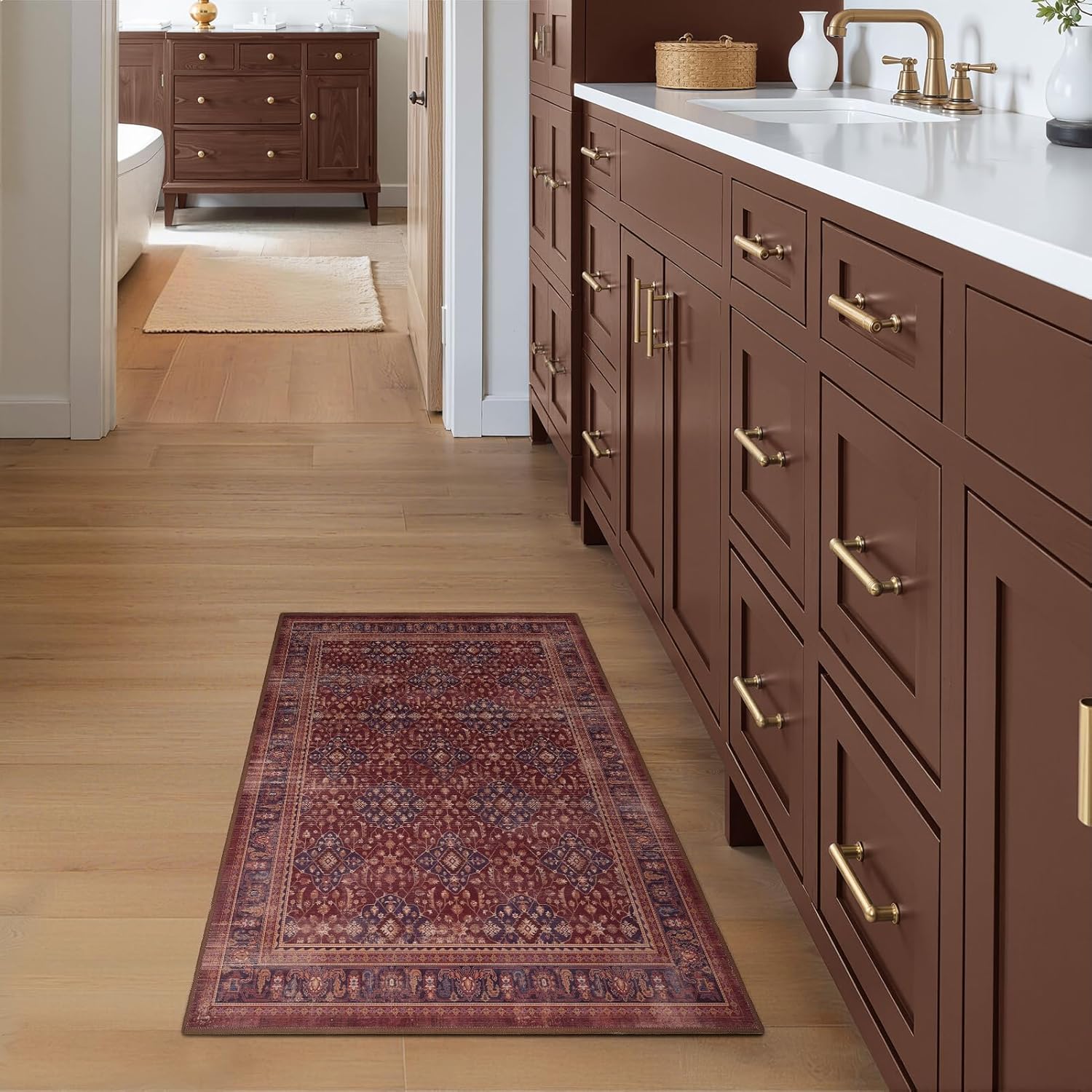 Amber Red 2x3 Kitchen Rugs Non Slip Washable, Luxurious Boho Floral Trellis Purple Accents Thin Door Mat Indoor Entrance, Earth Tone Moody Vintage Distressed Small Rugs for Entryway Bathroom