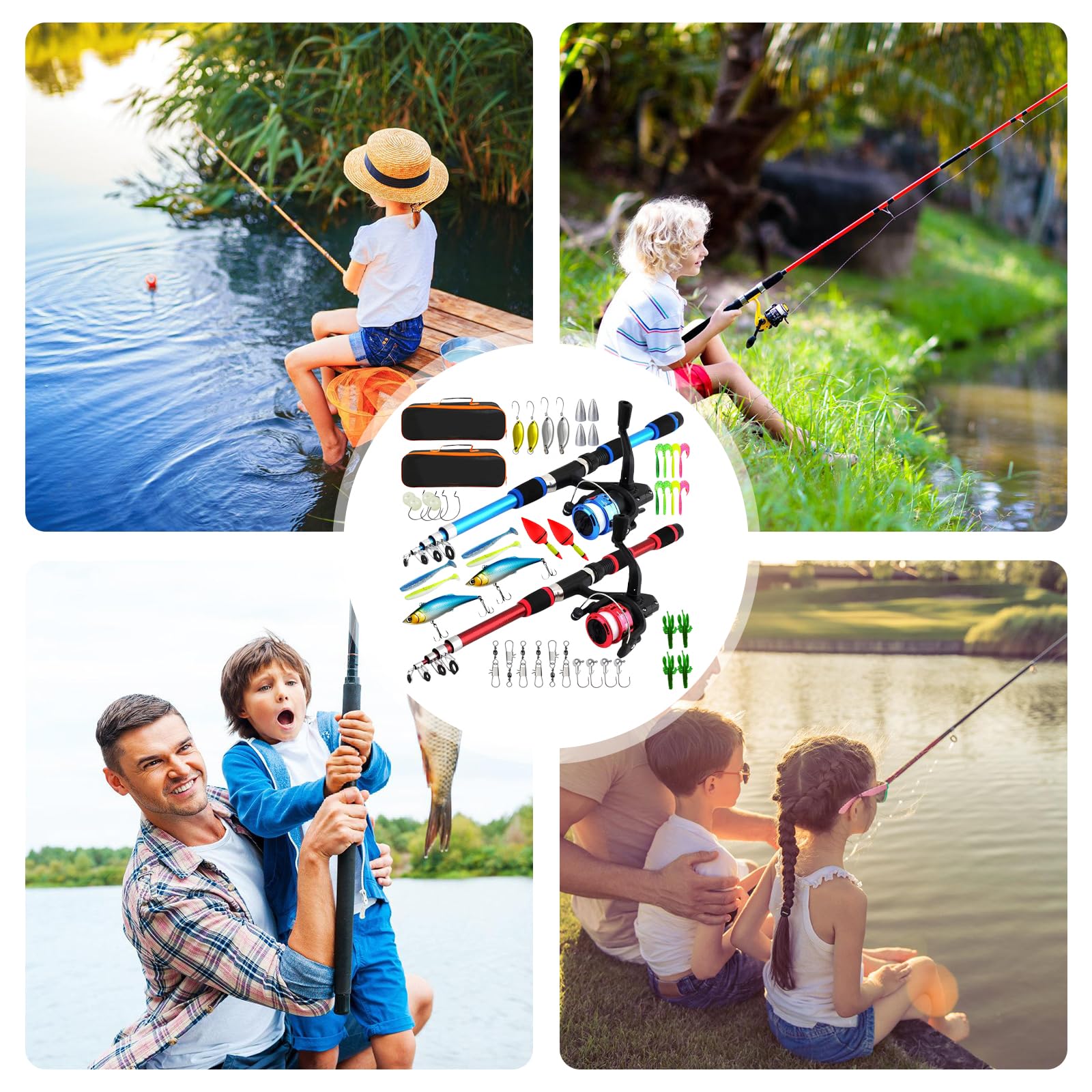 Set da pesca per bambini: 1,8 m, leggero, set di canne telescopiche, borsa per la pesca per attività all'aperto per ragazzi e ragazze (nero + blu)