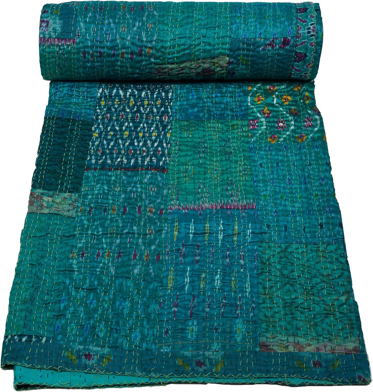 MarusthaliMarusthali Indian Handmade Quilt Indian Silk Sari Kantha Quilted Patchwork Kantha Quilts Light Weight Blanket Bed Cover (King 108 X 108 Inches, Turquoise)