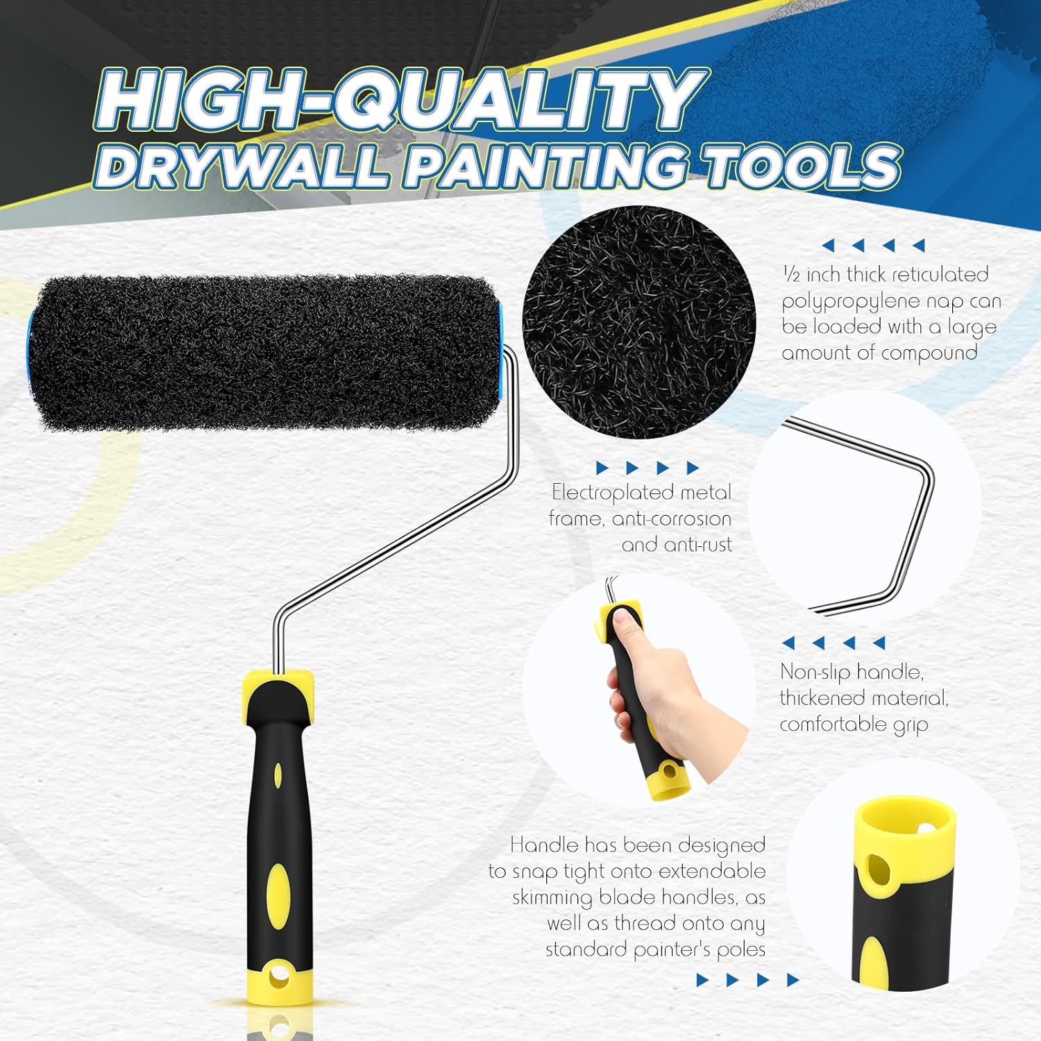 Threlaco 3 Pcs 9 Inch Drywall Compound Roller Cover with 1 Pcs Paint Frame, Drywall Texture Brush, Mud Roller for Putty, diatomaceous Earth, molding Paste, Textured coatings