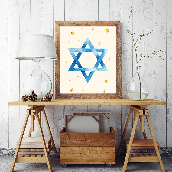 Hanukkah Wall Art Prints Blue Menorah Star of David Pigeon Posters Decor