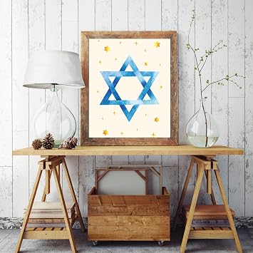 Hanukkah Wall Art Prints Blue Menorah Star of David Pigeon Posters Decor