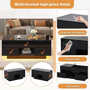 Lift Top Coffee Table with LED Lights, High Gloss Coffee Table for Living Room, Centre Table Living Room with 2 Drawers, Tea Table with Storage, Black(100x45x43cm)