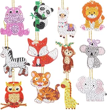 Adecortalk 12 Pcs Diamonds Art for Kids, Animals Art Painting Keychains Kits by Numbers Creat Your Own Gem DIY Diamond Art Hanging Key Rings for Kids Adult Beginners Craft Oranments Party Gifts