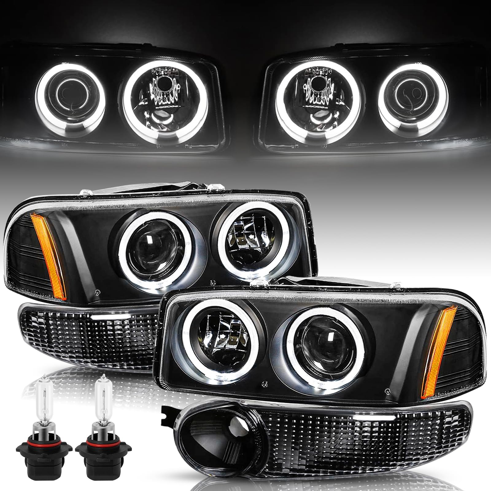 4PCS Headlight Assembly Set For 2001-2006 GMC Yukon/Yukon XL Denali| GMC Sierra 1500 Denali Model with Bumper Lights Projector LED Dual Halo Ring Headlamp Black & Amber Bulbs INCLUDED