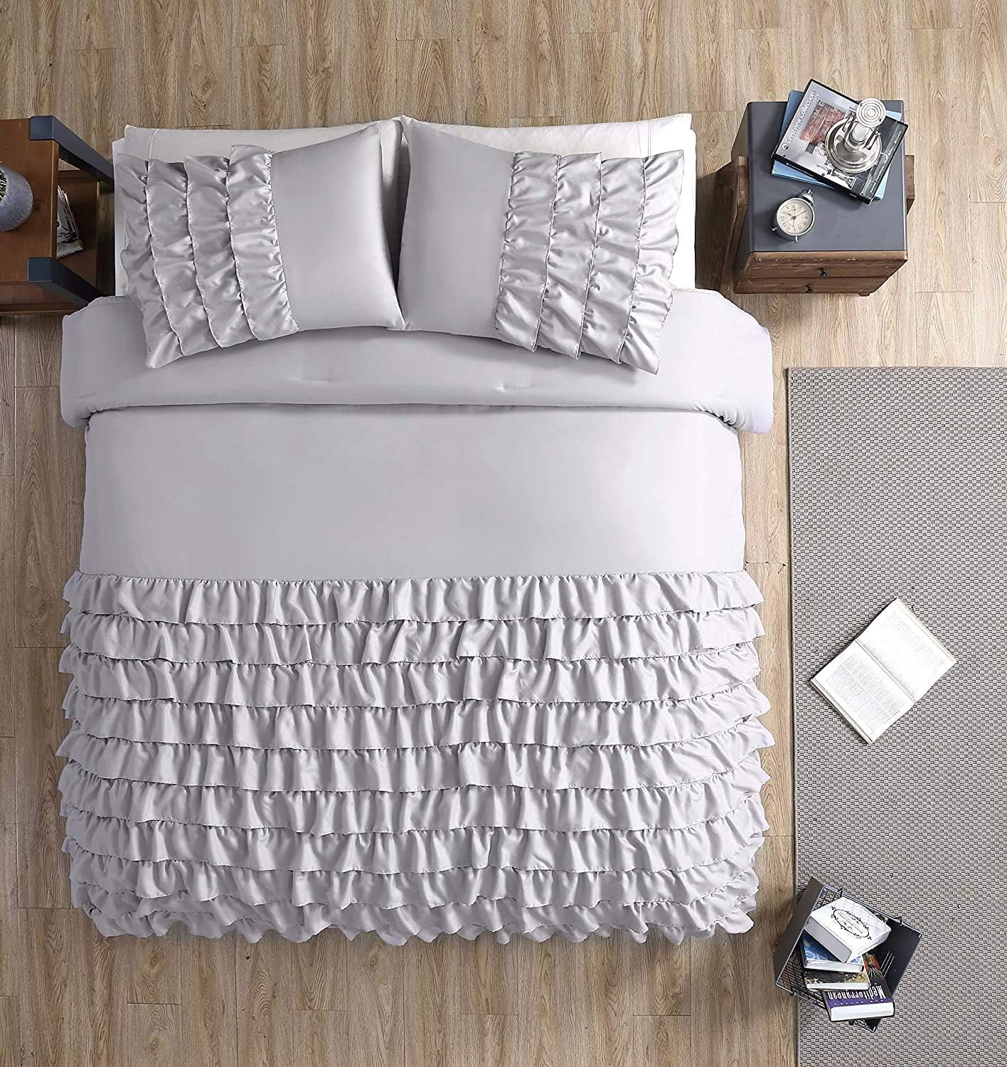 Chezmoi Collection Ella 3-Piece Waterfall Ruffle Duvet Cover Set (King, Gray)
