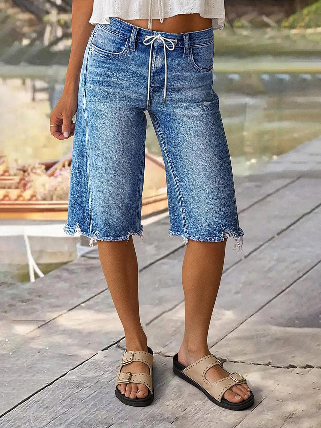 Flamingals Straight Leg Bermuda Shorts for Women Mid Rise Drawstring Washed Ripped Raw Hem High Stretch Denim Shorts