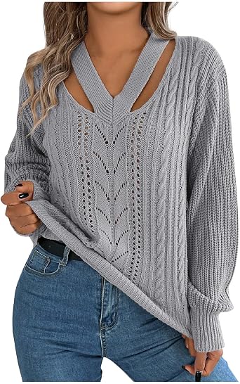 Womens Cable Knit Sweater Trendy 2024 Sexy V Neck Lantern Sleeve Pullover Sweaters Casual Loose Fit Jumper Tops