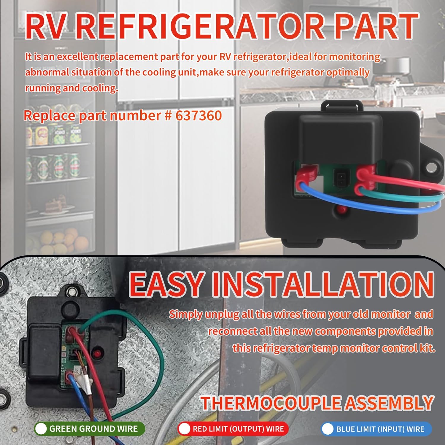 637360 Temp Monitor Control Kit Refrigerator Overheat Sensor Compatible with Norcold 2118, 1200, 1201, 1210, 1211 Series RV Refrigerator Cooling Unit Replace 634677 634678