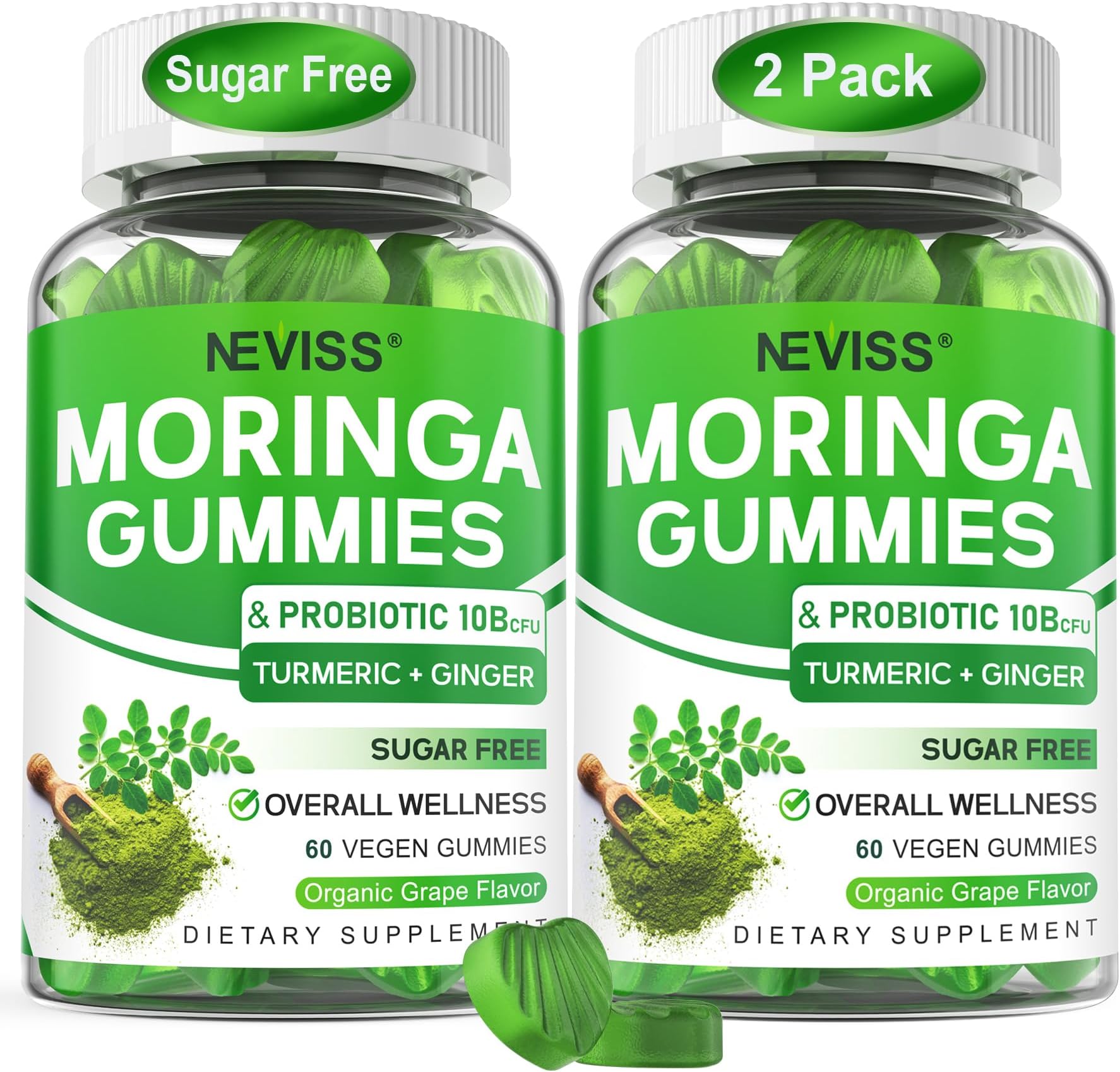 Moringa Gummies for Women Men w/Probiotic Turmeric Ginger Ceylon Cinnamon, Sugar Free, Organic Moringa Powder Capsules Alternatives, Pure Moringa Leaves Green Superfood Supplement - Vegan, 120Cts