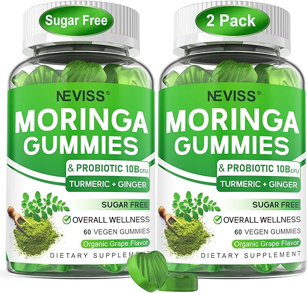 Moringa Gummies for Women Men w/Probiotic Turmeric Ginger Ceylon Cinnamon, Sugar Free, Organic Moringa Powder Capsules Alternatives, Pure Moringa Leaves Green Superfood Supplement - Vegan, 120Cts