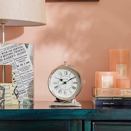 Decor de Maison Handcrafted Erzo Alarm Silver Table Clock (Gold, Silver, Black) Aesthetic Table Clock for Home Decor Office Desk Centre Table Living Room Bedroom