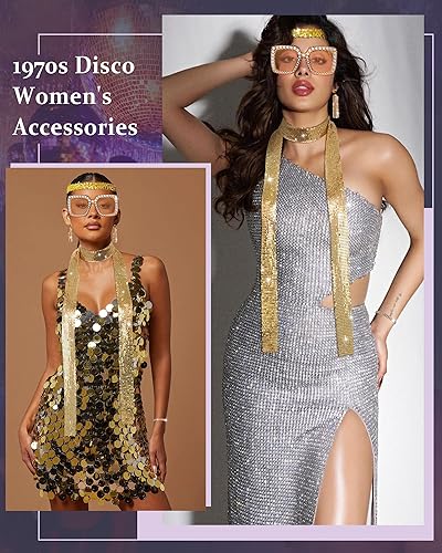 Miniatura 6 de AWAYTR Accesorios de discoteca de los años 70 para mujer, 5 piezas, bufanda de lentejuelas, aretes de discoteca, lentes de sol, diadema, pulsera