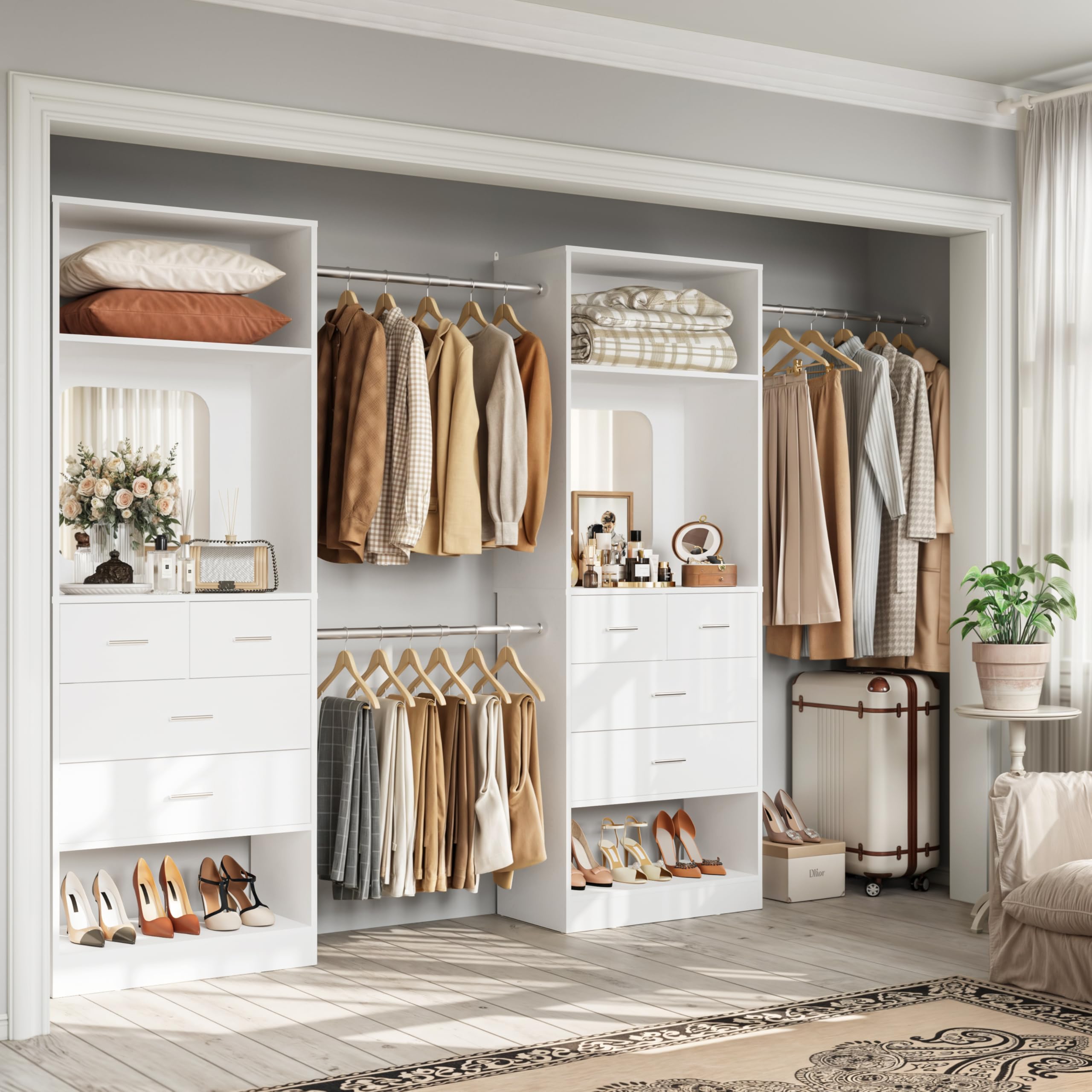 Unikito Closet Systems, 6-14FT Walk in Closet Organizer with 8 Drawers and Mirror, 168" Large Wood Closets Insert with Tower, Sturdy Wardrobe Closets Garment Rack with Extendable Hanging Rods, White
