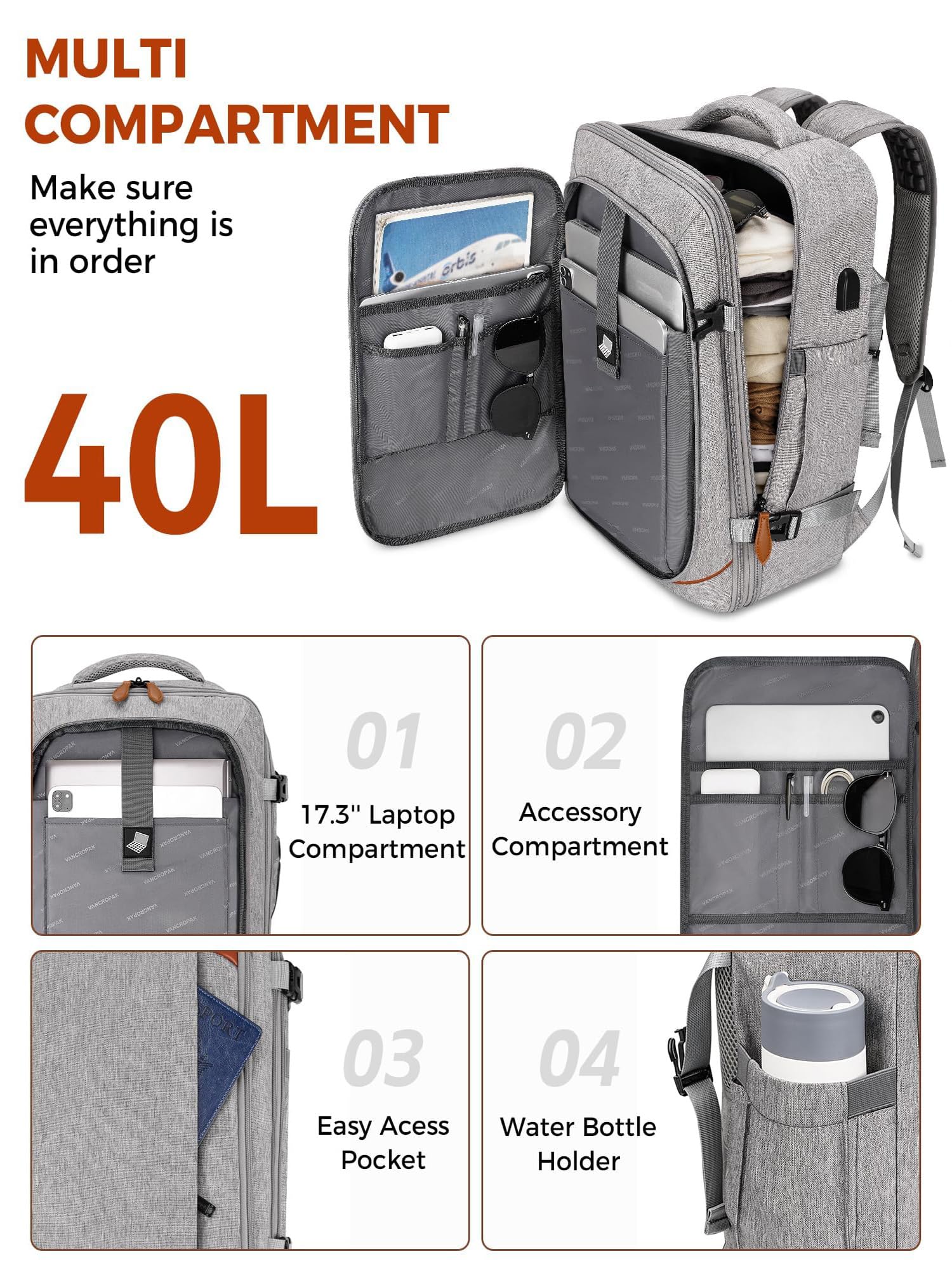 Mochila de transporte, mochila de viaje aprobada para vuelos, Gris, X-Grande, Mochila de mano 40l Gris 2