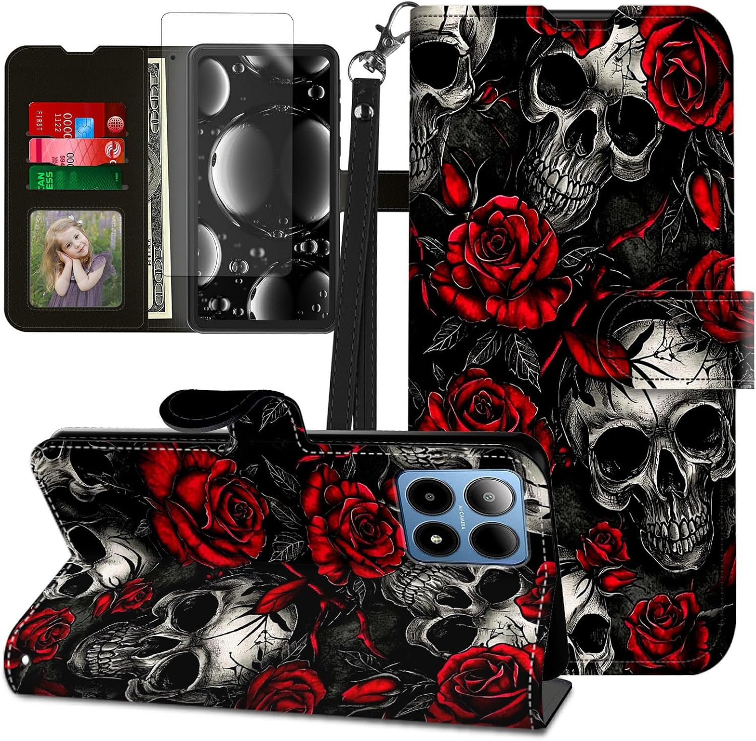 for Summit 5G Phone Case,for Boost Summit 5G Phone Case with Screen Protector & Kickstand & Card Holder & Wrist Strap Flip Folio Leather Wallet Magnetic Protective,Red Flower Skull