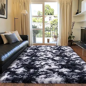 Black and White Rug for Living Room, 9x12 Area Rug for Bedroom, Bedside Indoor Floor Fluffy Shag Carpet, Plush Soft Rug for Boys Girls Kids Room Nursery Dorm Home Decor