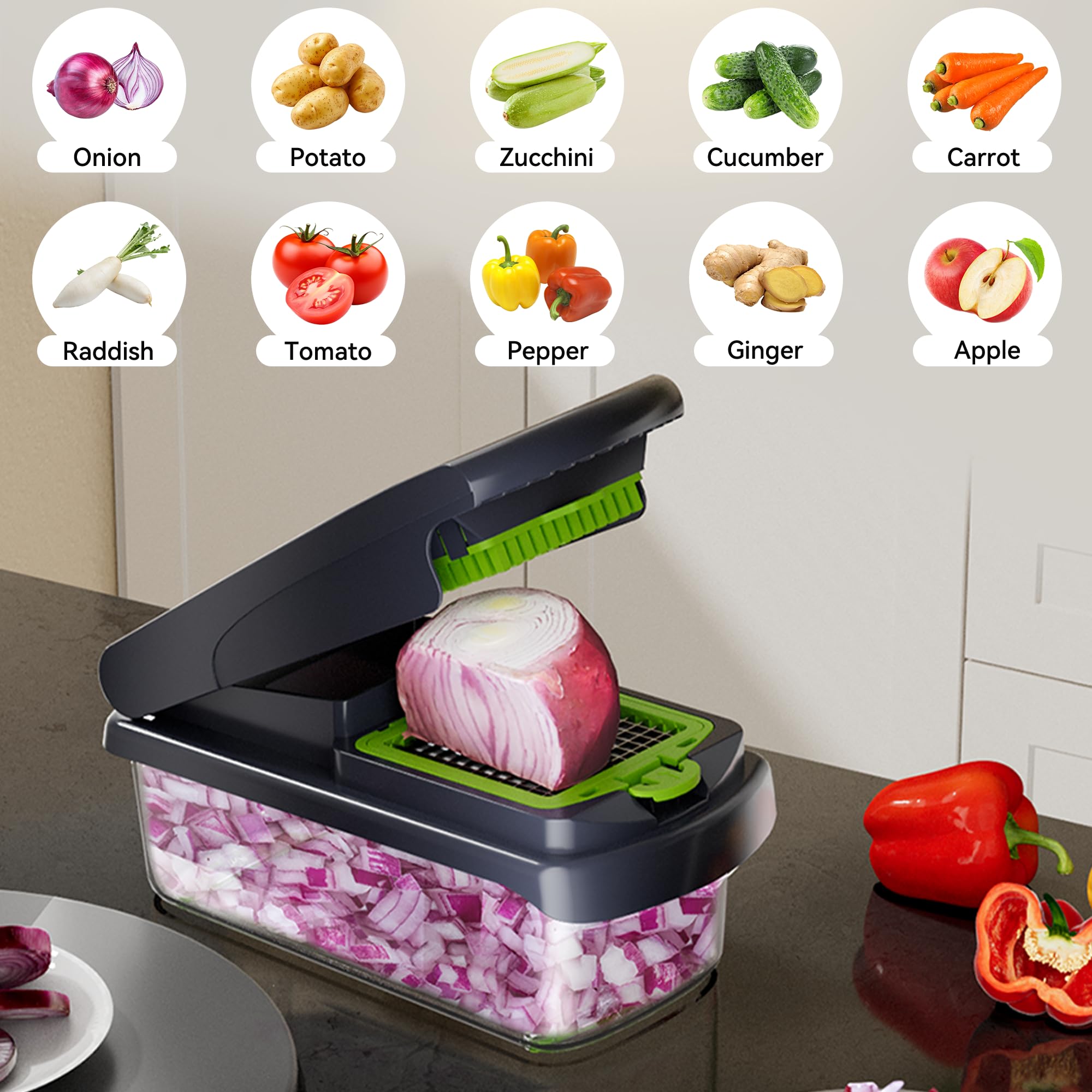 Coupe-légumes Multifonction Romon 15 En 1 - Avec 8 Lames Inox, Râpe, éplucheur, Presse - Pour Cubes, Bâtonnets, Tranches