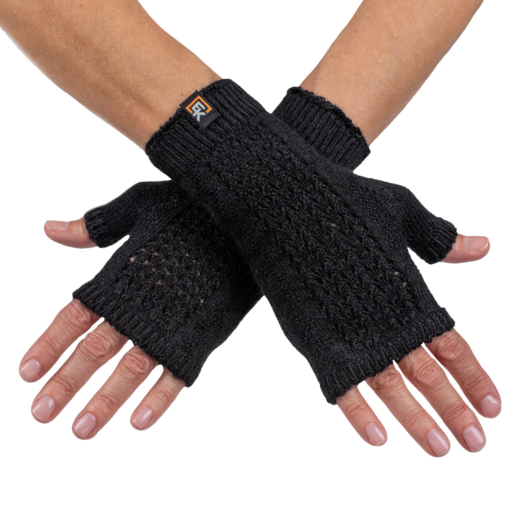 Evolution Knitwear Alpaca Mesh Knit Fingerless Mittens - Super Soft Baby Alpaca - Made in the USA - Small - Black