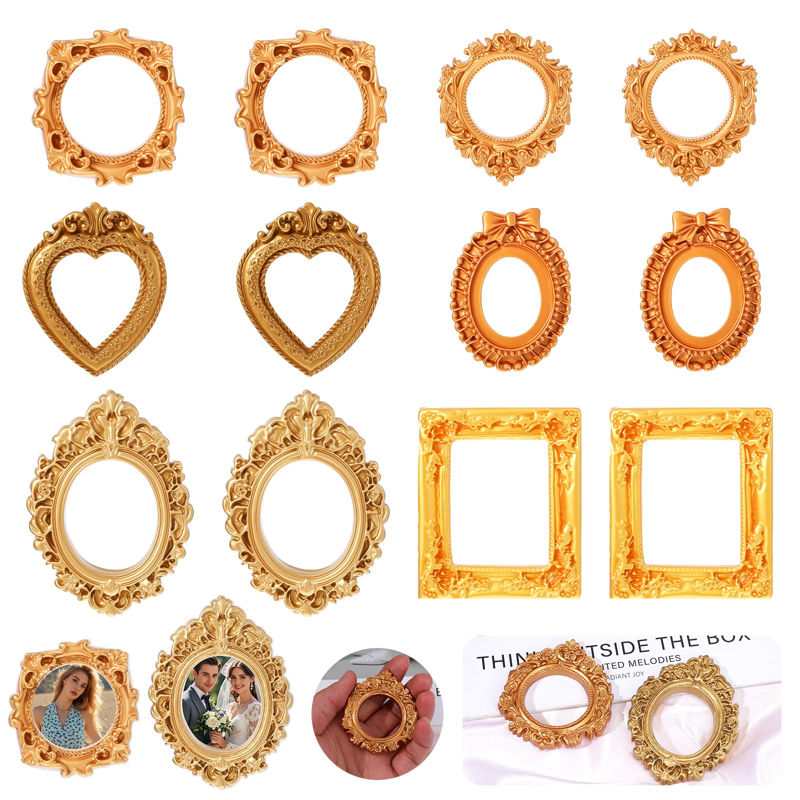 12 Pcs Vintage Mini Picture Frames Gold Picture Frames Small Vintage Pictures Frame Oval Rectangle Heart Gothic Frames for Photography Wall Decor