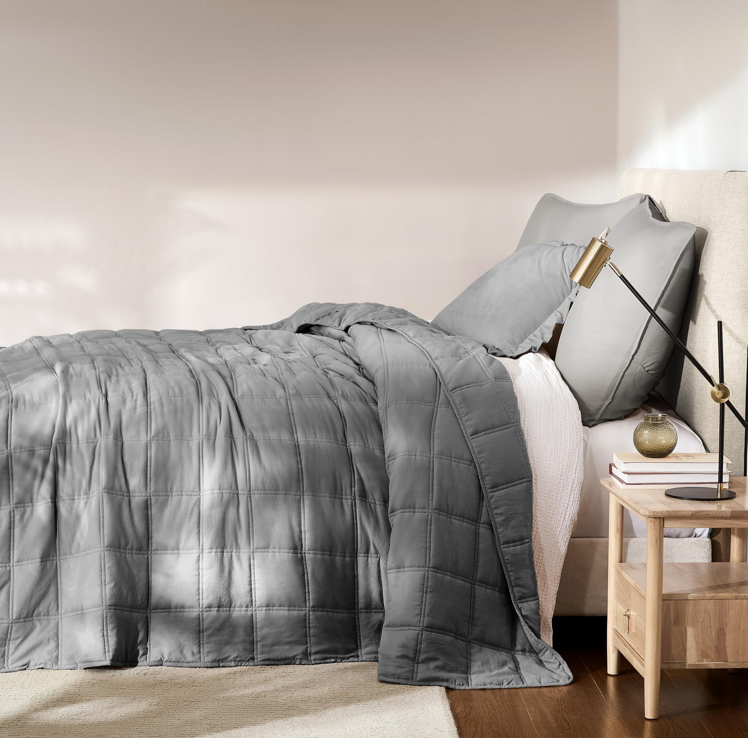 R.SHARE Tagesdecke 300x270 Grau, Weich Bettüberwurf Steppdecke aus Mikrofaser für Bett Sofa Couch (ohne Kissenbezug), Kariert Kuscheldecke Wohndecke Sofaüberwurfdecke Oeko-TEX Frühling Sommer