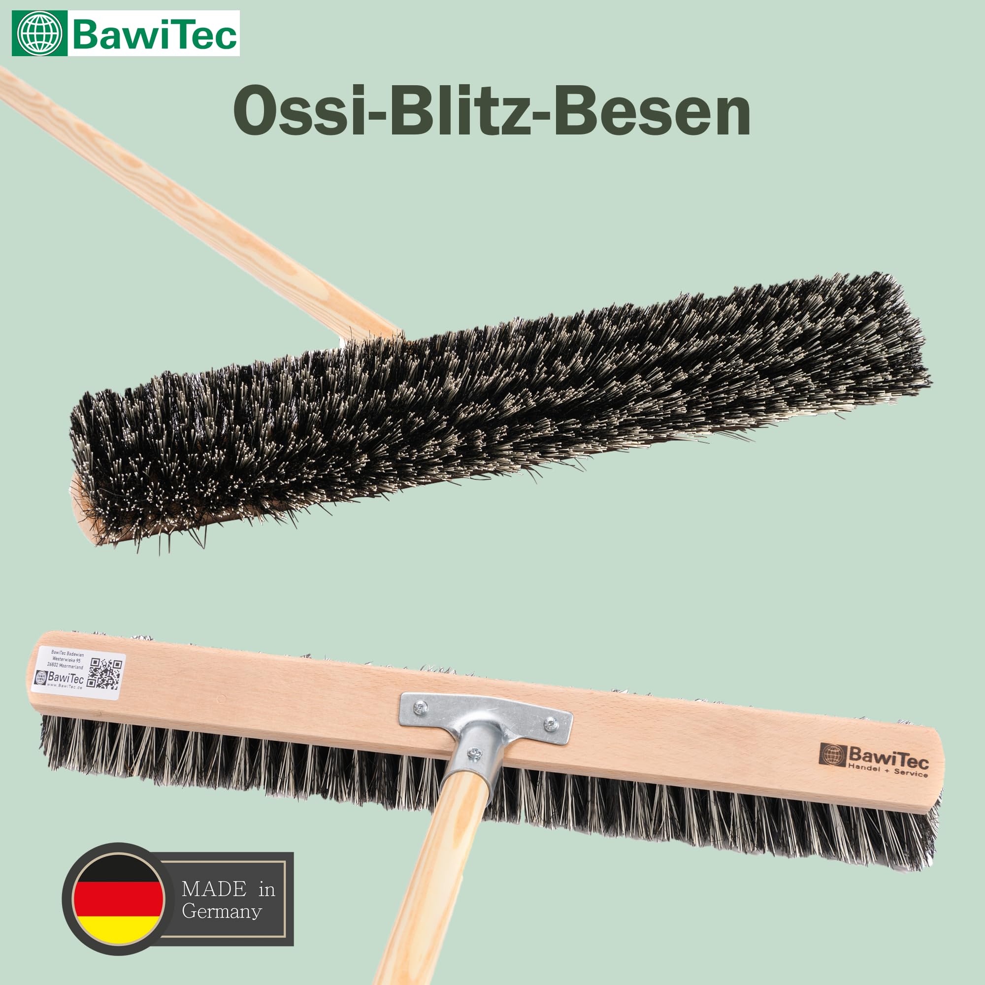 BawiTec OssiBlitz-Mix Straßenbesen, 80cm Besenbreite, Besen mit Stiel | Stiel 160cm Länge Ø2,8cm, Harte Arenga Borsten-Mischung, Robuste Borsten, Kehrbesen für Draußen