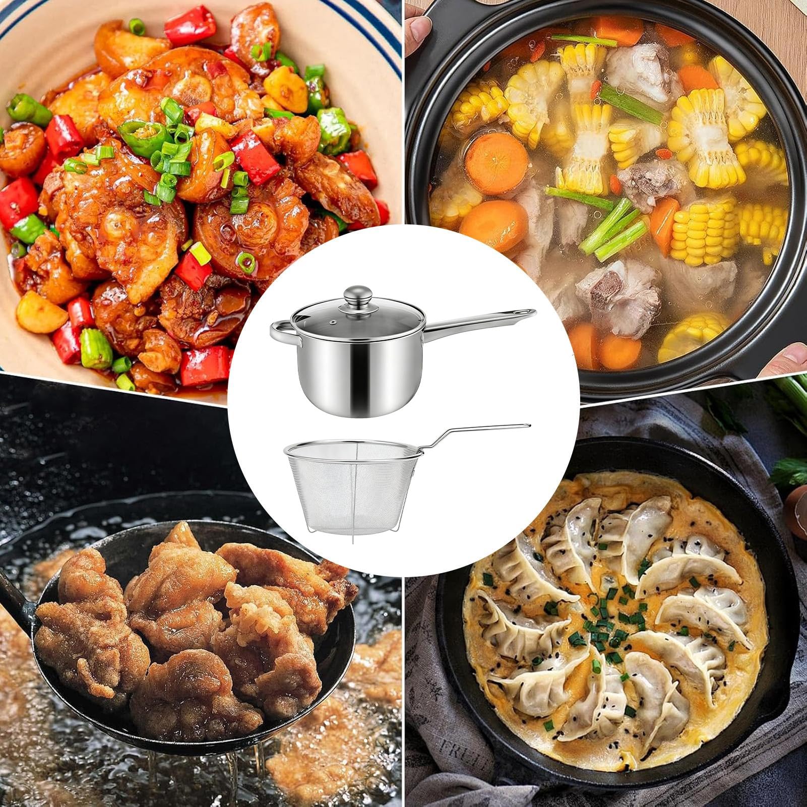 Garnek, duża pojemność, nieprzywierająca, z koszem z pokrywką, garnek do gotowania na głębokiej patelni, do kuchenki indukcyjnej, domu, restauracji, na kemping, frytki, kurczak, zupę z owoców