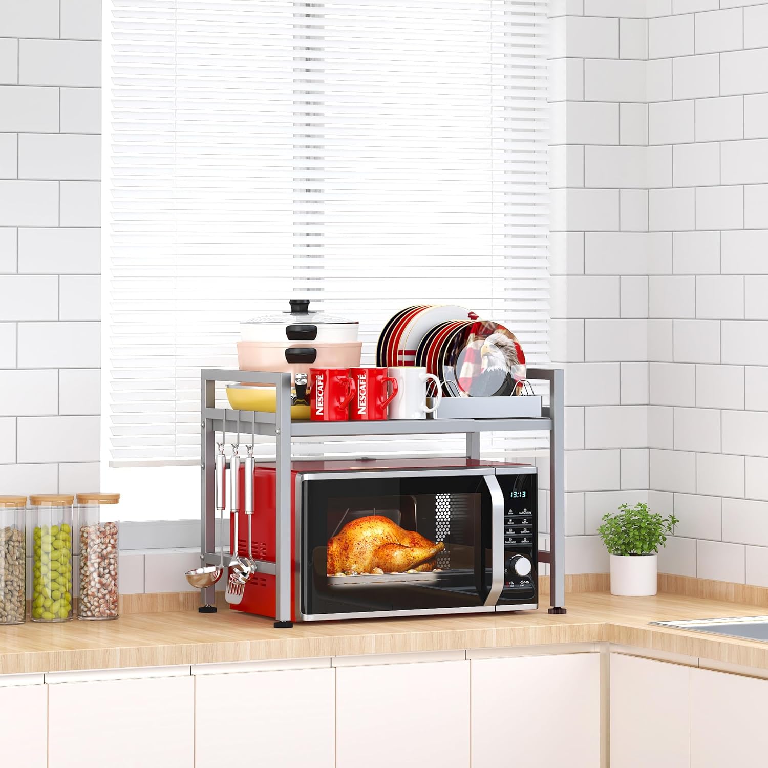 PUSDON Extendable Microwave Oven Rack, Adjustable Microwave/Toaster Shelf Heavy Duty Stand Kitchen Counter Top Organizer, 2 Tier with 3 Hooks, 160lbs Weight Capacity, Silver Grey PUSDON Extendable Microwave Oven Rack, Adjustable Microwave/Toaster Shelf Heavy Duty Stand Kitchen Counter Top Organizer, 2 Tier with 3 Hooks, 160lbs Weight Capacity, Silver Grey