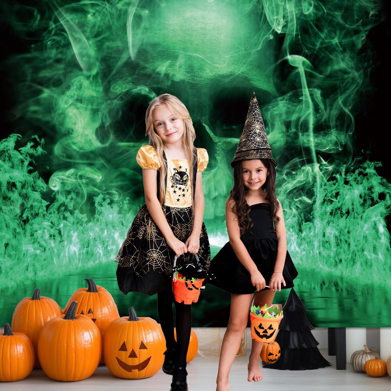 Halloween tło fotografia 3,7 x 2,4 m horror czaszka tematyczne dekoracje imprezowe fajna czaszka fantazja szkielet zielone czarne tło Halloween baner materiały do budki fotograficznej dla dzieci