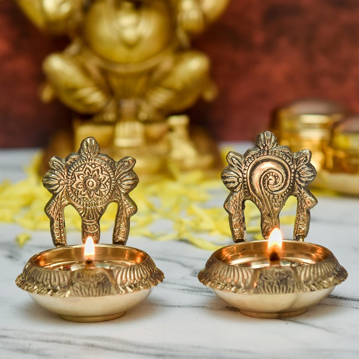 Bhimonee Decor Pure Brass Shanku Chakra kuber Diya, 3 inches, brass colour,