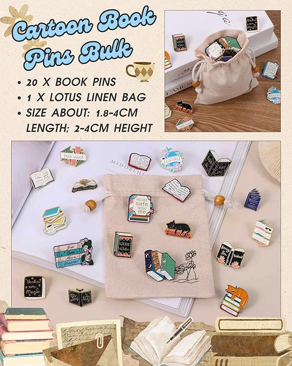 20pcs Creative Reading Book Pins Bulk with Lotus Linen Bag, Cute Decorative Reading Brooch Book Enamel Pins for Backpack Hat Clothes Christmas Bookish Gifts for Readers Booklovers Women Kids Teacher Student Librarian by FOVIUPET - Image 2