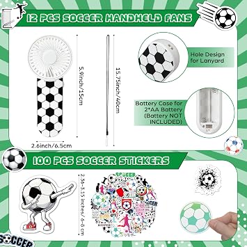 Tujoe 36 Pcs Soccer Party Favors 40 x 12 Cooling Workout Towel Mini Portable Handheld Fan with Lanyards Clear Soccer Gift Bag with Handles and Stickers for Sport Team Gift, Battery Not Include